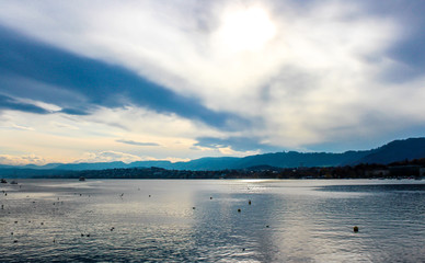 Lake Zurich extending southeast of the city, Switzerland.