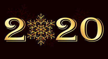 Happy New 2020 Year. Golden numbers on black background. Snowflake with shimmering glitters. Festive event banner. Modern poster or cover design. Vector illustration, EPS 10.