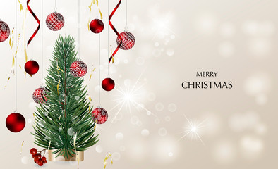 Christmas card with realistic vector Christmas tree, glass ball with lettering.