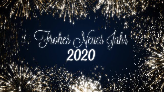 Looping happy new year 2020 social post card with gold animated fireworks on elegant black and blue background.Loop Celebration german language concept. Loopable animation for festive holiday event