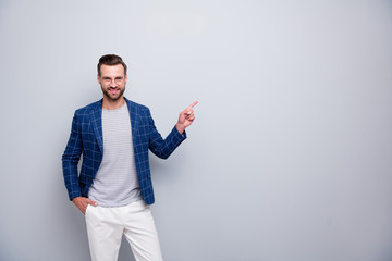 Portrait of his he nice attractive imposing cheerful cheery bearded gentleman in checked blazer...