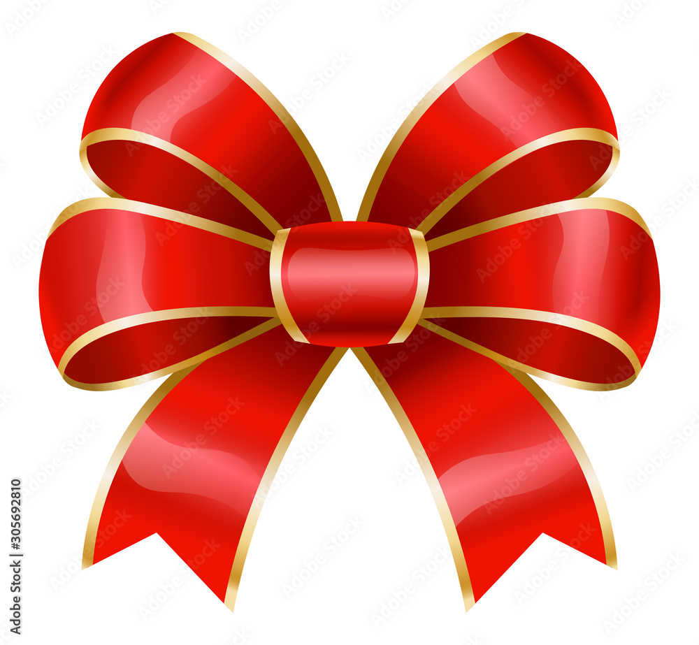 Poster red ribbon bow with golden borders. isolated decorative element used in decoration of various items.