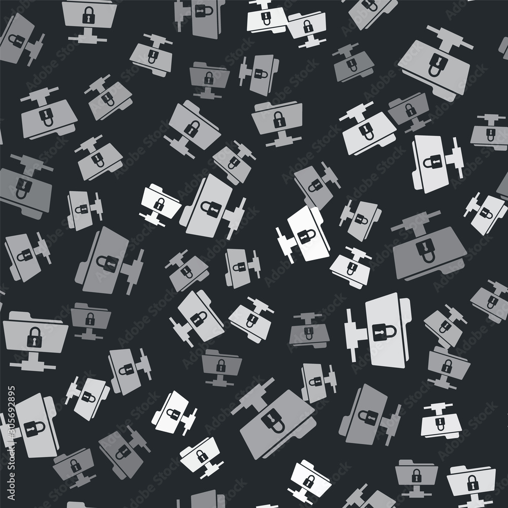 Aufkleber grey ftp folder and lock icon isolated seamless pattern on black background. concept of software upd