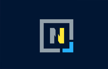 blue yellow letter N alphabet logo design icon for business