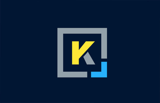 blue yellow letter K alphabet logo design icon for business