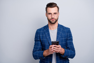 Portrait of his he nice classy serious attractive well-dressed groomed imposing bearded guy in...