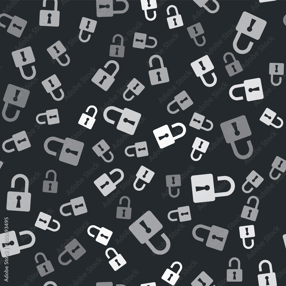 Poster grey open padlock icon isolated seamless pattern on black background. opened lock sign. cyber securi