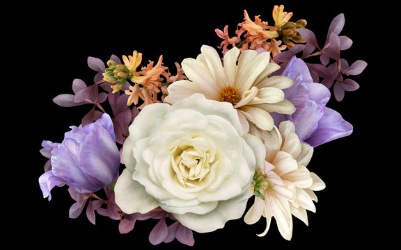 Floral arrangement, bouquet of garden flowers. Purple tulip, dahlia, hyacinth, white rose  isolated on black background. Can be used for your projects, wedding  invitations, greeting cards.