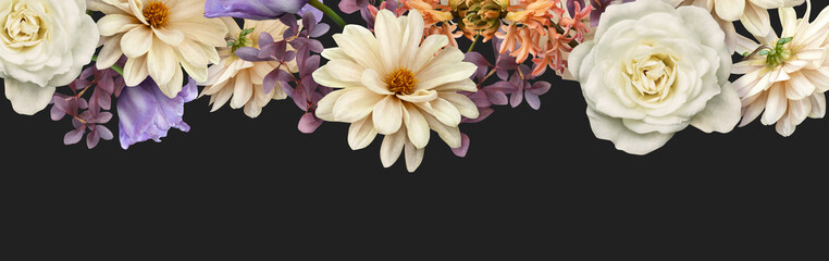 Border floral banner, cover or header with purple tulip, dahlia, hyacinth, white roses isolated on dark background. Natural flowers wallpaper or greeting card with copy space.