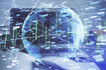 Multi exposure of business theme icons and table with computer background. Concept of success.