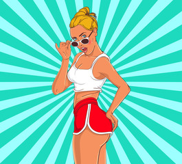 Summer poster design. Cartoon style sporty girl.