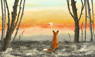 Fotobehang Winterbos met zonsondergang en vos. De vos zit in het winterbos en kijkt naar de zonsondergang. Illustratie schilderij. © jenteva