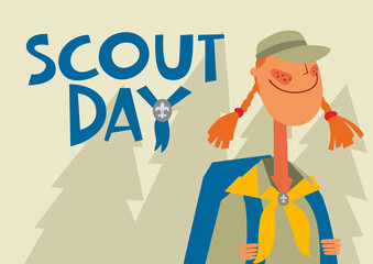 Greeting Card Scout Day. Girl scout in the wild forest. Vector hand full color graphics