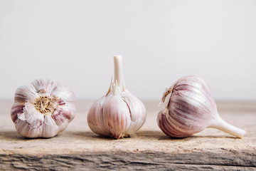 Garlic bulb on a rustic wooden background. Copy, empty space for text