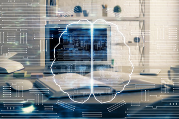 Double exposure of table with computer and brain hologram. Data innovation concept.