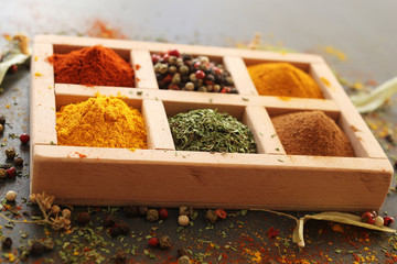 colorful spices in wooden box