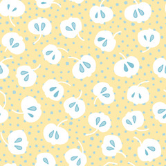 Retro floral apple pattern. Seamless vector background. White cutout apple shape on dotted background. Ornament for fabric, wallpaper, packaging, Decorative print. Vintage kitchen background.