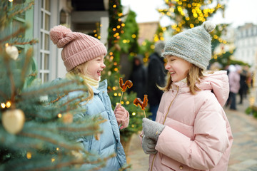 Two adorable sisters having rooster-shaped lollipops on traditional Christmas fair in Riga, Latvia. Children enjoying sweets, candies and gingerbread on Xmas market. © MNStudio