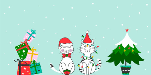 Christmas funny cats with gift and tree.  Merry Christmas and happy new year cute card design. Holiday background banner