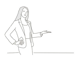 Businesswoman showing something. Hand drawn vector illustration.