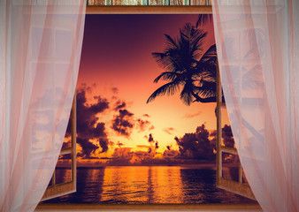 open window with sea sunset view © dbrus