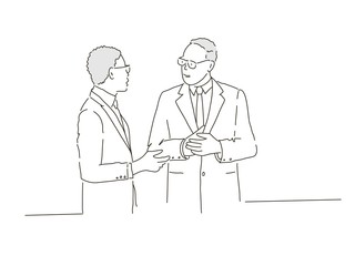 Sketch of businessmen. Discussion in the meeting. Hand drawn vector illustration.