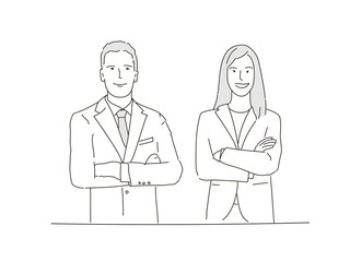Businesswoman and businesswoman standing with crossed arms. Hand drawn vector illustration.