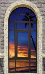 open window with sea sunset view