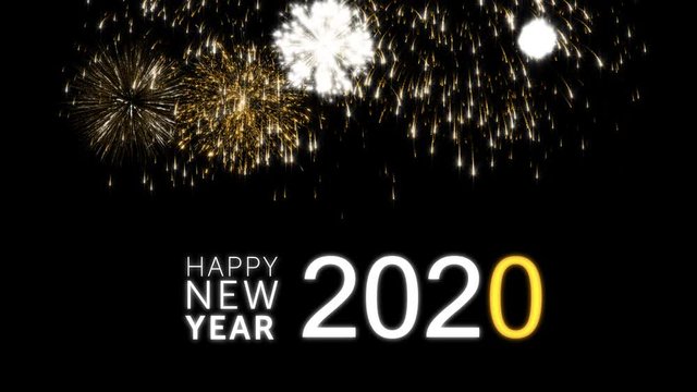Happy new year 2020 social post card with gold animated fireworks on elegant black background.Celebration animation for festive event.New year wishes.Congratulate new year.Loop animation