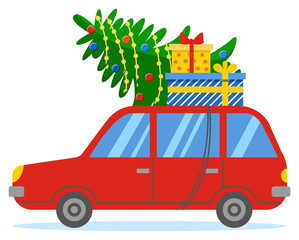 Red vehicle rides on road. Red car on street with fir tree and gifts on roof. People prepare for christmas celebration. Festive garland on evergreen plant, holiday presents in boxes. Vector in flat