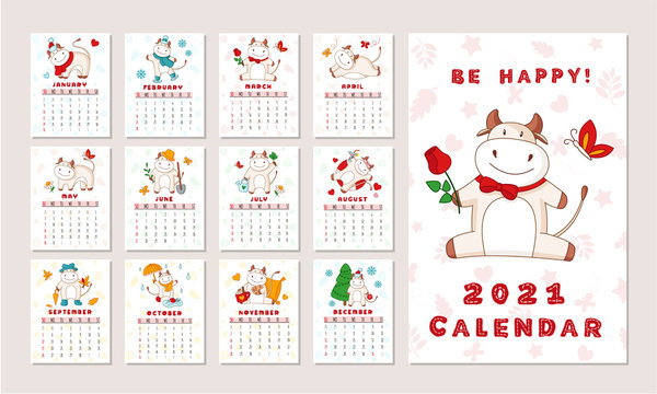 White ox calendar or planner A4 format for 2021 with kawaii cartoon ox, bull or cow, symbol of new year, cute characters - Cover and 12 monthly pages. Week starts on Monday, vector editable template