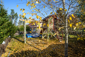 The land of the courtyard is covered with golden leaves. Front garden of a house with trees of golden foliage. Birch in the foreground is covered with gold foliage. Playground.