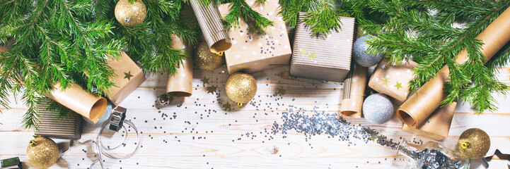 Golden silver presents balls boxes sparkles with fir tree