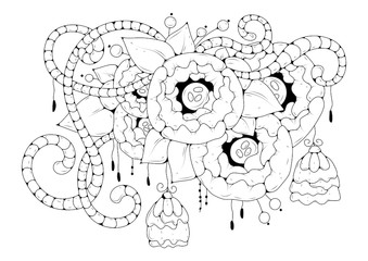 Coloring book page for adult and older children. Black and white abstract floral pattern. Design for meditation. The image can be used in design and printing on fabric