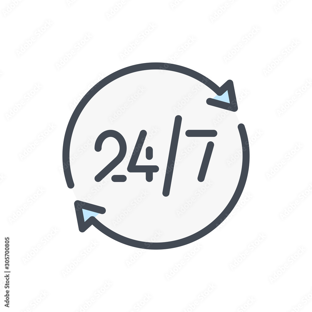 Fototapete Request customer service 24/7 color line icon. Update circle button with 24/7 vector outline colorful sign.