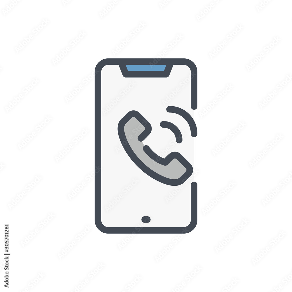 Poster smartphone with an incoming call color line icon. mobile phone with phone tube on display vector out