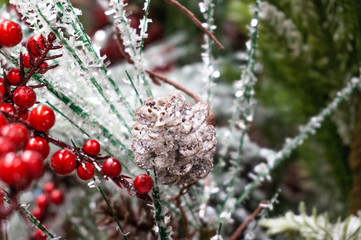 Decorated Christmas tree, wreath, with golden patchwork ornament artificial gold balls and big gift presents for new year isolated