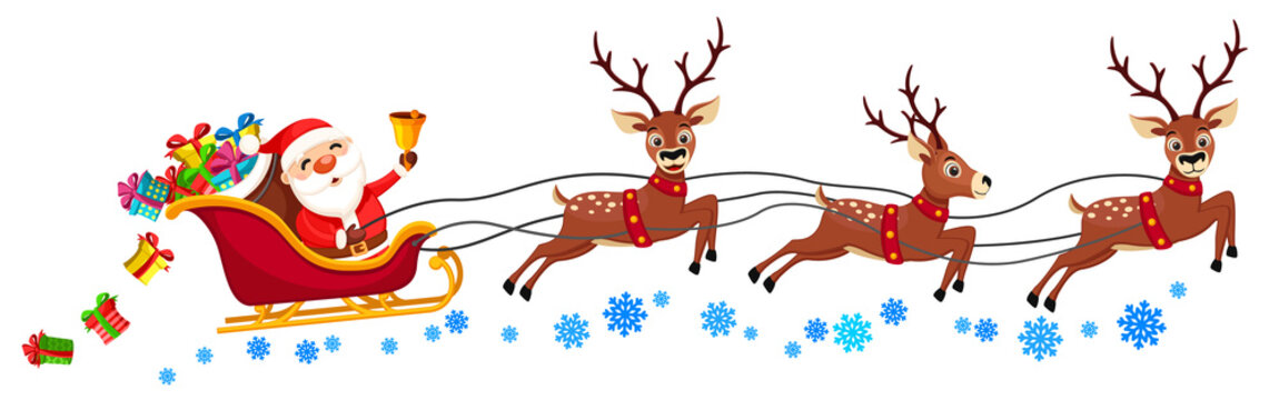 Santa Claus is riding a sleigh with reindeer and ringing a bell on a white. Christmas character