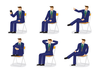 Set of business characters in six sitting positions.