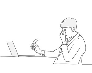 Fototapeta premium Sketch of businessman feeling sick and tired. Line drawing vector illustration.