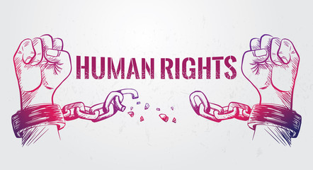 Sketched Hand fist raise up breaking the chain, International  Human Rights Day poster grunge texture, vector Illustration