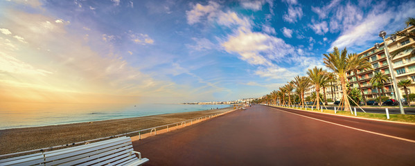 Promenade des Anglais in Nice at sunset. Cote d'Azur, French riviera, France