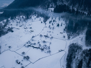 Fototapeta na wymiar Calm and cosy fairy-tale village Kryvorivnia covered with snow in the Carpathians mountains, aerial view. Typical landscape in Hutsulshchyna National Park in Ukraine. Vacation and winter sports.
