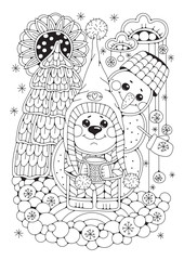 Christmas, New Year coloring page for children and adults with the image of a toy bear, snowman, Christmas tree.