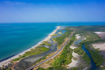 Fototapeta na wymiar Aerial view of national reserve in south of Gambia, West Africa. Photo made by drone from above.