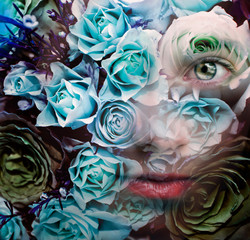  Art portrait in blue, woman flower