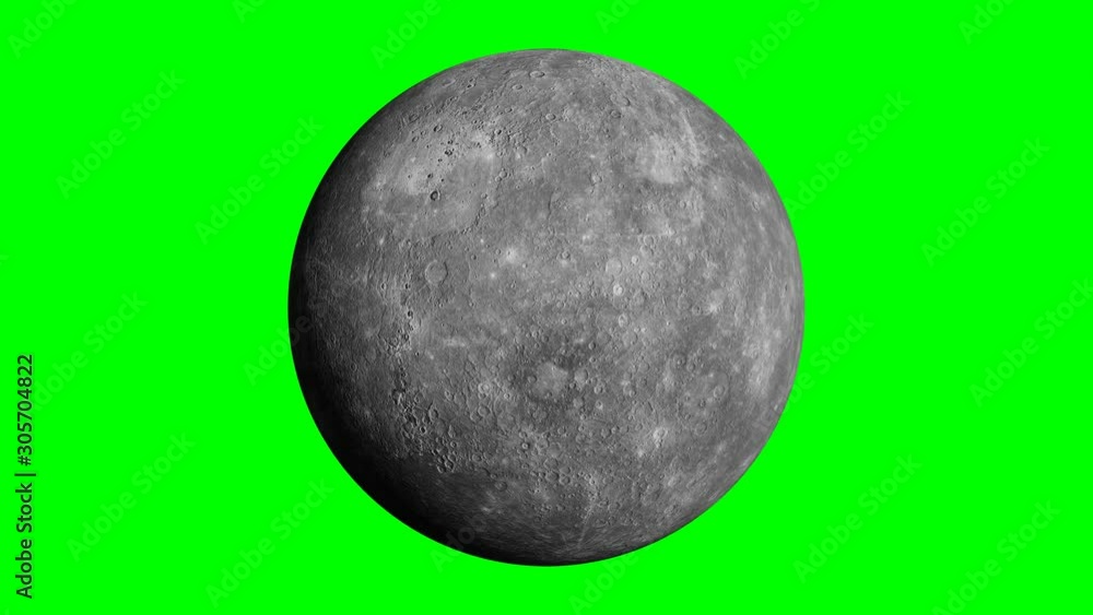 Wall mural planet mercury rotating, solar system object in outer space isolated on green screen background, 4k 