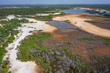 Aerial view of national reserve in south of Gambia, West Africa. Photo made by drone from above.