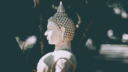 Statue of Buddha standing in meditation.Close up hand of statue Buddha.buddhism concept .peacefulness idea .lifestyle practise mind in clamness