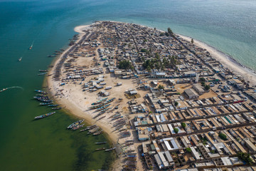 Aerial view of fishing village of Djiffer. Saloum Delta National Park, Joal Fadiout, Senegal....